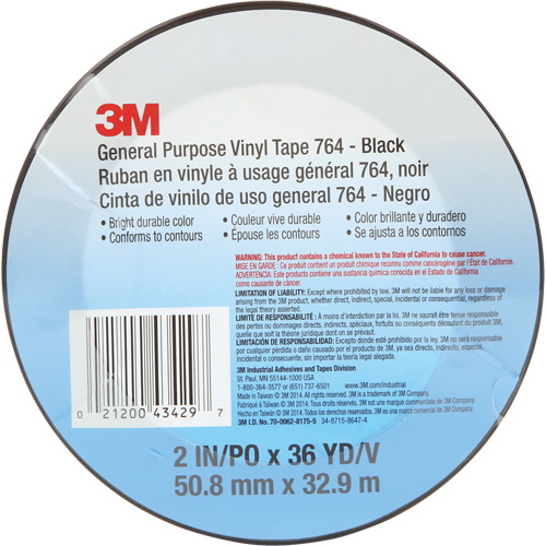 Ruban en vinyle pour travaux g&eacute;n&eacute;raux 764, 50,8 mm (2") la x 32,9 m (108') lo, 5 mils, Noir Consource