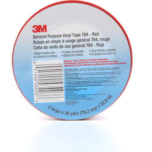 Ruban en vinyle pour travaux g&eacute;n&eacute;raux 764, 76 mm (3") la x 32,9 m (108') lo, 5 mils, Rouge Consource