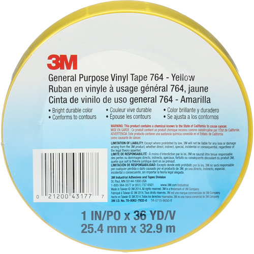 Ruban en vinyle pour travaux g&eacute;n&eacute;raux 764, 25,4 mm (1") la x 32,9 m (108') lo, 5 mils, Jaune Consource