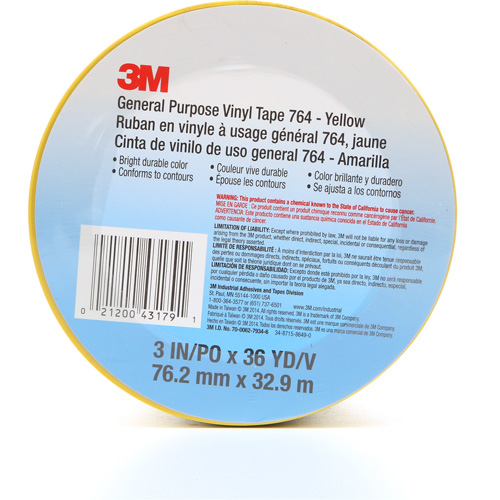Ruban en vinyle pour travaux g&eacute;n&eacute;raux 764, 76 mm (3") la x 32,9 m (108') lo, 5 mils, Jaune Consource