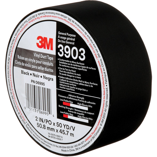 Rubans adh&eacute;sifs en vinyle 3903, 48 mm (2") la x 45 m (148') lo, 6,5 mils, Noir Consource