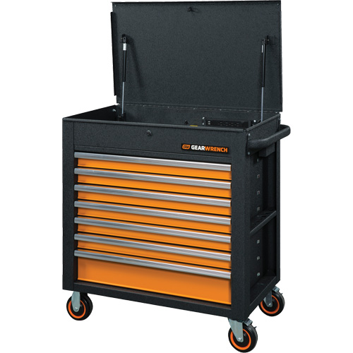 GSX Series Rolling Tool Cart with Tilt Top, 7 Drawers, 35" L x 20" W x 39" H, Black/Orange Consource