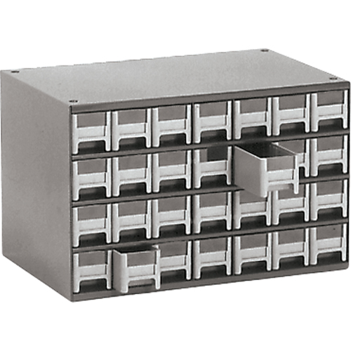 Casiers modulaires pour pi&egrave;ces, Acier, 28 tiroirs, 17" x 10-9/16" x 2-2/16", Gris Consource