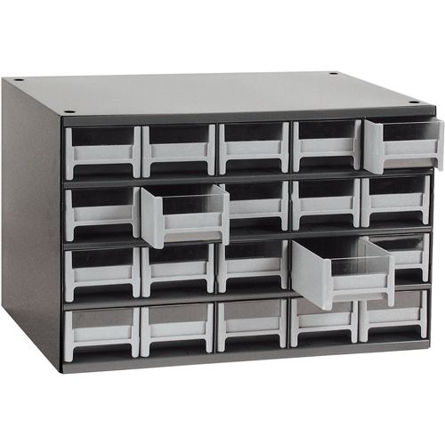 Casiers modulaires pour pi&egrave;ces, Acier, 20 tiroirs, 17" x 10-9/16" x 2-1/16", Gris Consource