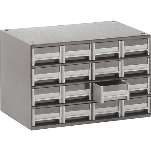 Casiers modulaires pour pi&egrave;ces, Acier, 16 tiroirs, 17" x 10-9/16" x 2-1/8", Gris Consource