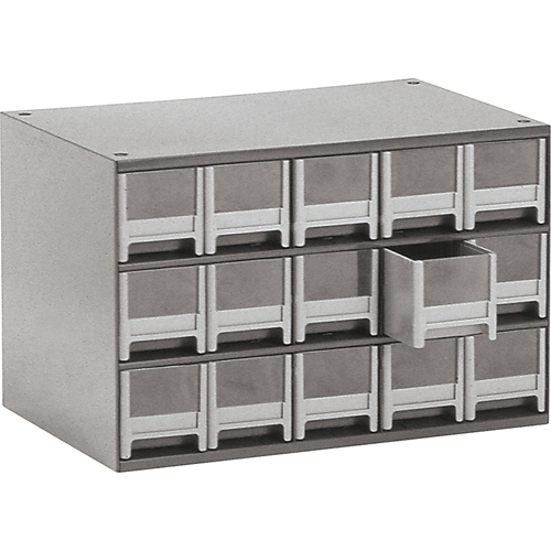 Casiers modulaires pour pi&egrave;ces, Acier, 15 tiroirs, 17" x 10-9/16" x 3-1/16", Gris Consource