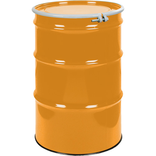 Barils en acier, 55 gal. US (45 gal. imp.), Non doubl&eacute;, Orange, Dessus ouvert, UN1A2/Y1.5/150, Calibre 16 Consource