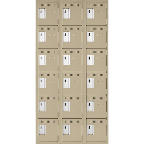 Clean Line Lockerette, 6 -tier, Bank of 3, 36" x 18" x 72", Steel, Beige, Rivet (Assembled) Consource