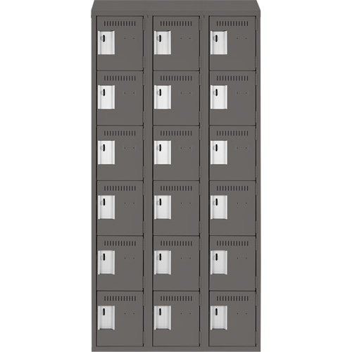 Clean Line Lockerette, 6 -tier, Bank of 3, 36" x 18" x 78", Steel, Charcoal, Rivet (Assembled) Consource