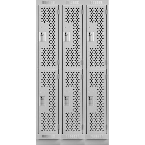 Clean Line Lockers, 2 -tier, Bank of 3, 36" x 18" x 76", Steel, Grey, Rivet (Assembled), Perforated Consource
