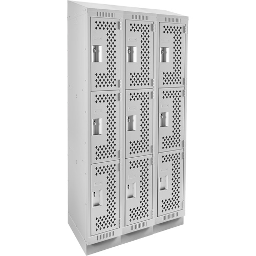 Clean Line Lockers, 3 -tier, Bank of 3, 36" x 18" x 82", Steel, Grey, Rivet (Assembled), Perforated Consource
