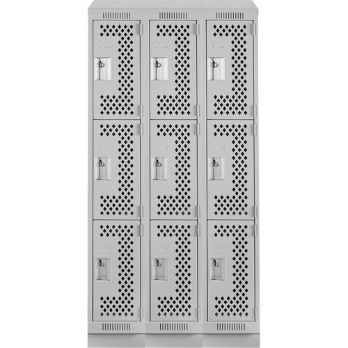 Clean Line Lockers, 3 -tier, Bank of 3, 36" x 18" x 82", Steel, Grey, Rivet (Assembled), Perforated Consource