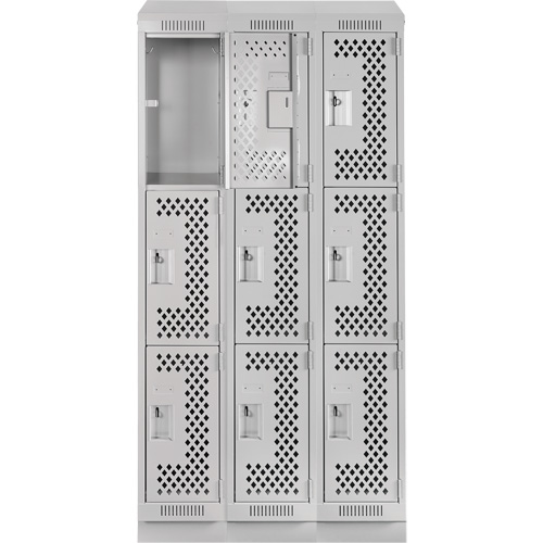Clean Line Lockers, 3 -tier, Bank of 3, 36" x 18" x 82", Steel, Grey, Rivet (Assembled), Perforated Consource