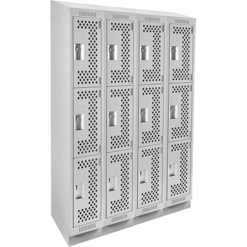 Clean Line Lockers, 3 -tier, Bank of 4, 48" x 15" x 82", Steel, Grey, Rivet (Assembled), Perforated Consource