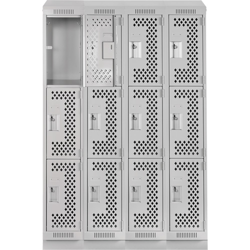 Clean Line Lockers, 3 -tier, Bank of 4, 48" x 15" x 82", Steel, Grey, Rivet (Assembled), Perforated Consource