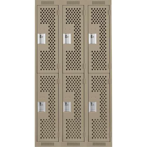 Clean Line Lockers, 2 -tier, Bank of 3, 36" x 15" x 72", Steel, Beige, Rivet (Assembled), Perforated Consource