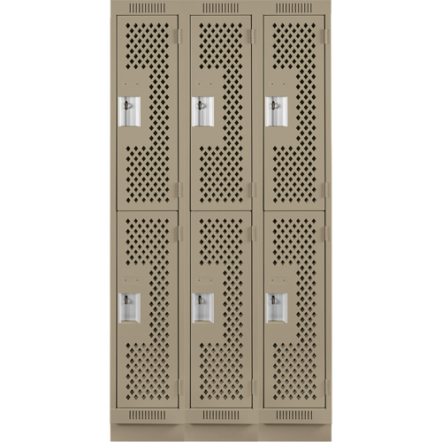 Clean Line Lockers, 2 -tier, Bank of 3, 36" x 18" x 76", Steel, Beige, Rivet (Assembled), Perforated Consource