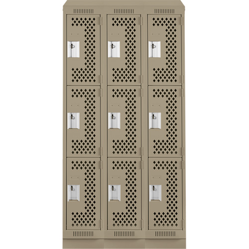 Clean Line Lockers, 3 -tier, Bank of 3, 36" x 15" x 82", Steel, Beige, Rivet (Assembled), Perforated Consource