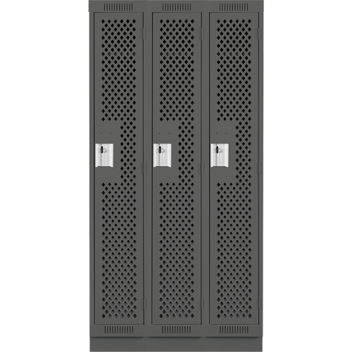 Clean Line Lockers, Bank of 3, 36" x 18" x 76", Steel, Charcoal, Rivet (Assembled), Perforated Consource
