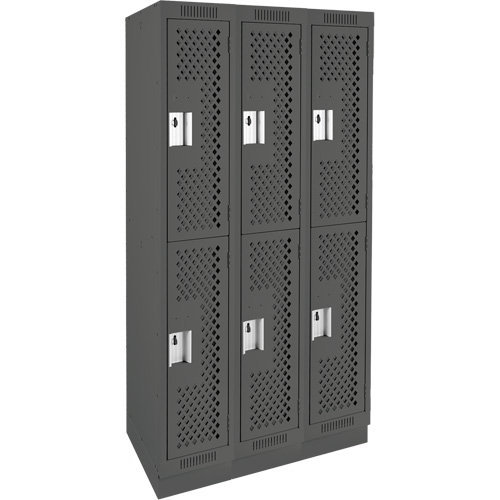 Clean Line Lockers, 2 -tier, Bank of 3, 36" x 18" x 76", Steel, Charcoal, Rivet (Assembled), Perforated Consource