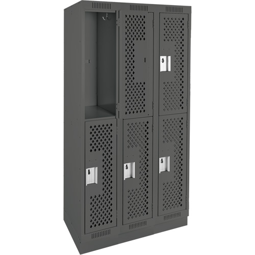 Clean Line Lockers, 2 -tier, Bank of 3, 36" x 18" x 76", Steel, Charcoal, Rivet (Assembled), Perforated Consource