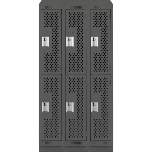 Clean Line Lockers, 2 -tier, Bank of 3, 36" x 15" x 82", Steel, Charcoal, Rivet (Assembled), Perforated Consource