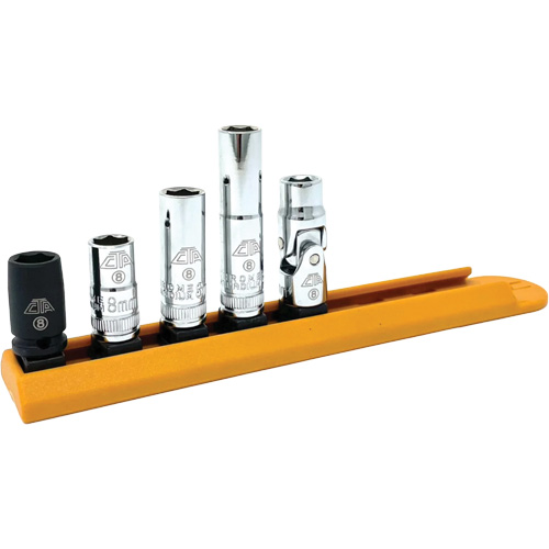 Jeu de douilles chrom&eacute;es avec rail, 5 Morceaux, Prise de 1/4" Consource