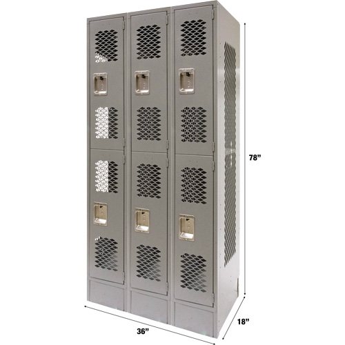 Vented Lockers, 2 -tier, Bank of 3, 36" x 18" x 78", Steel, Grey, Knocked Down, Perforated Consource