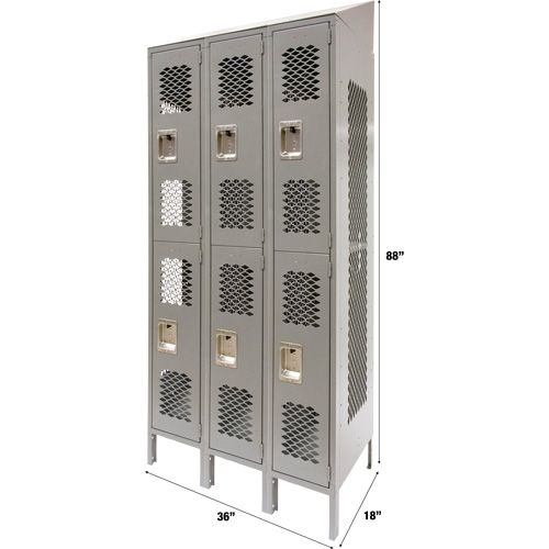 Casiers ventil&eacute;s, 2 niveaux, Bloc de 3, 36" x 18" x 88", Acier, Gris, D&eacute;mont&eacute;, Perfor&eacute; Consource
