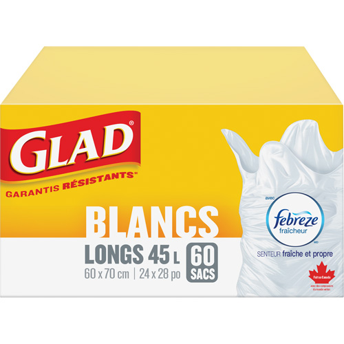 Sacs &agrave; ordures hauts 45 L avec Febreze, R&eacute;gulier, 24" la x 28" lo, Blanc Consource