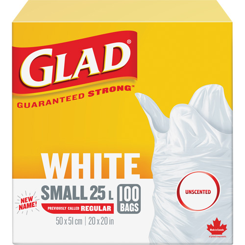 Petits sacs &agrave; ordures 25 L sans parfum, R&eacute;gulier, 20" la x 20" lo, Blanc Consource