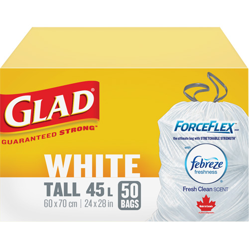 Sacs &agrave; ordures hauts 45 L avec Febreze, R&eacute;gulier, 24" la x 28" lo, Blanc Consource