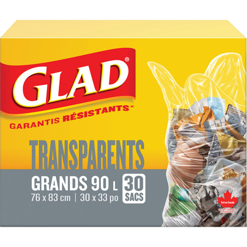 Sacs &agrave; ordures 90 L, R&eacute;gulier, 30" la x 33" lo, Transparent Consource