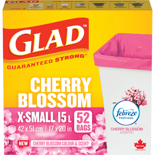 Glad&reg; Cherry Blossom Coloured & Scented Bags, Strong, 17" W x 20" L, Pink, 15 L (3.96 Gal.) Capacity Consource