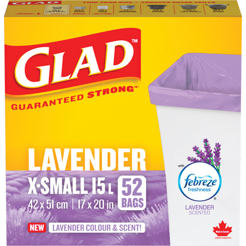 Glad&reg; Lavender Coloured & Scented Bags, Strong, 17" W x 20" L, Purple, 15 L (3.96 Gal.) Capacity Consource