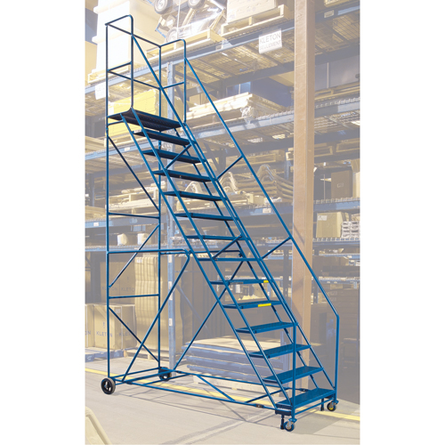 CSA-Certified Rolling Step Ladder with Locking Step, 14 Steps, 30" Step Width, 128" Platform Height, Steel Consource