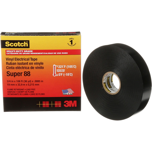 Scotch&reg; Super 88 Professional-Grade  Electrical Tape, 19 mm (3/4") W x 32.9 m (108') L, 8.5 mils, Black Consource