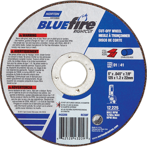 BlueFire&reg; Cut-off Wheel, 4-1/2" x 0.045"/1/16", 7/8" Arbor, Type 01/41, Aluminum Oxide/Zirconium, 13580 RPM Consource