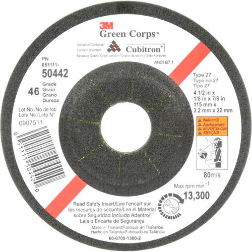 Green Corps Flexible Grinding Wheel, 4-1/2" x 1/8", 7/8" Arbor, Ceramic, Type 27 Consource