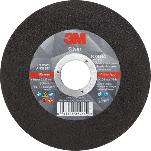 Silver Cut-Off Wheel, 4-1/2" x 0.04", 7/8" Arbor, Type 1, Ceramic, 13300 RPM Consource