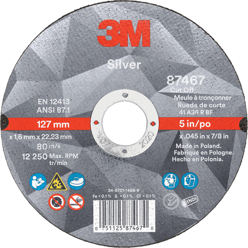 Silver Cut-Off Wheel, 5" x 0.045", 7/8" Arbor, Type 1, Ceramic, 12250 RPM Consource