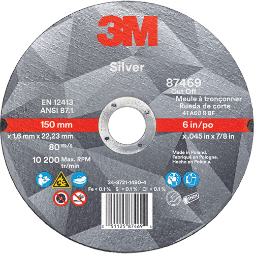 Silver Cut-Off Wheel, 6" x 0.045", 7/8" Arbor, Type 1, Ceramic, 10200 RPM Consource