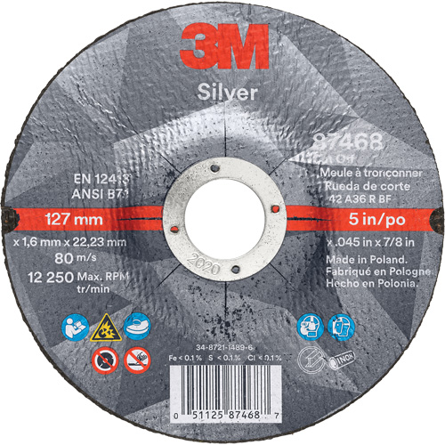Silver Cut-Off Wheel, 5" x 0.045", 7/8" Arbor, Type 27, Ceramic, 12250 RPM Consource