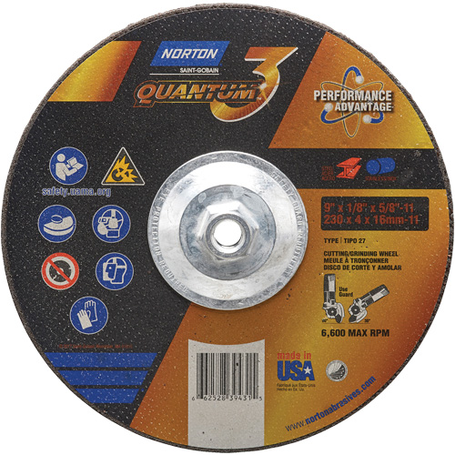 Quantum3 Grinding & Cutting Wheel, 9" x 1/8", 5/8"-11 Arbor, Type 27, 24 Grit, Ceramic Alumina Consource