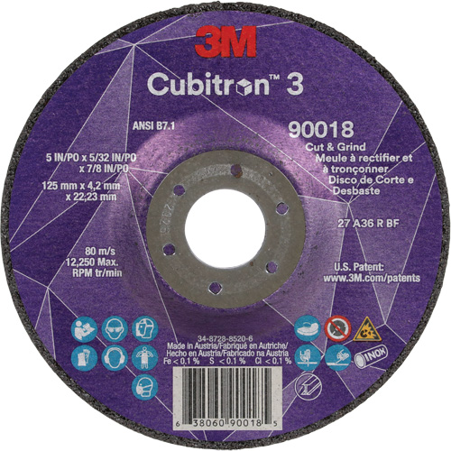 Meule &agrave; couper & tronçonner Cubitron 3, 5" x 5/32", Arbre de 7/8", Type T27, Grain de 36+, C&eacute;ramique Consource