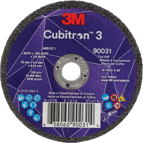 Meule &agrave; tronçonner Cubitron 3, 3" x 0,035", Arbre de 3/8", Type T1, C&eacute;ramique, 21000 Tr/min Consource