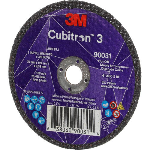 Meule &agrave; tronçonner Cubitron 3, 3" x 0,035", Arbre de 3/8", Type T1, C&eacute;ramique, 21000 Tr/min Consource