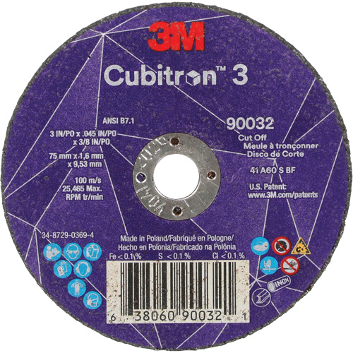 Cubitron 3 Cut-Off Wheel, 3" x 0.045", 3/8" Arbor, Type T1, Ceramic, 21000 RPM Consource