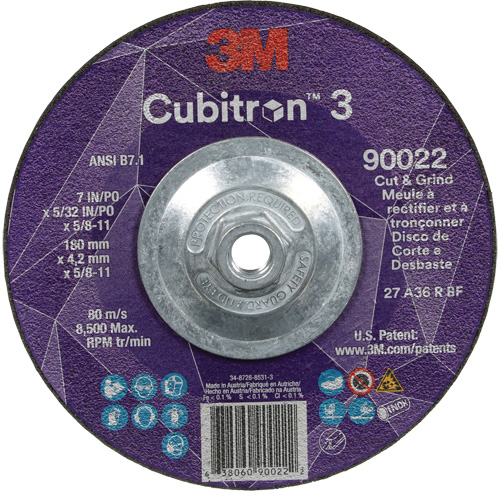 Meule &agrave; rectifier et &agrave; tronçonner Cubitron 3, 7" x 5/32", Arbre de 5/8"-11, Type 27, Grain de 36, C&eacute;ramique Consource