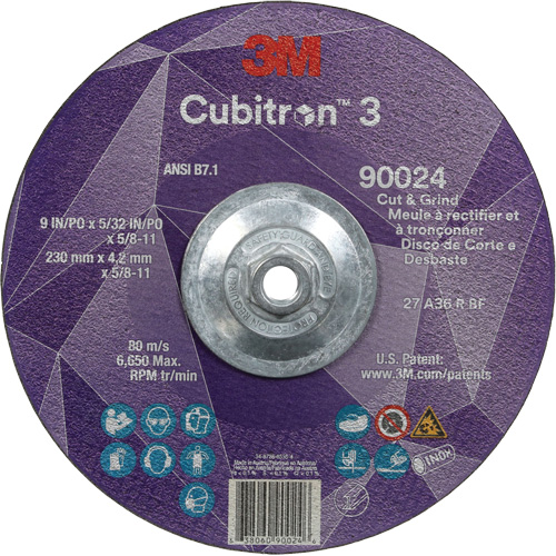 Meule &agrave; rectifier et &agrave; tronçonner Cubitron 3, 9" x 5/32", Arbre de 5/8"-11, Type 27, Grain de 36, C&eacute;ramique Consource
